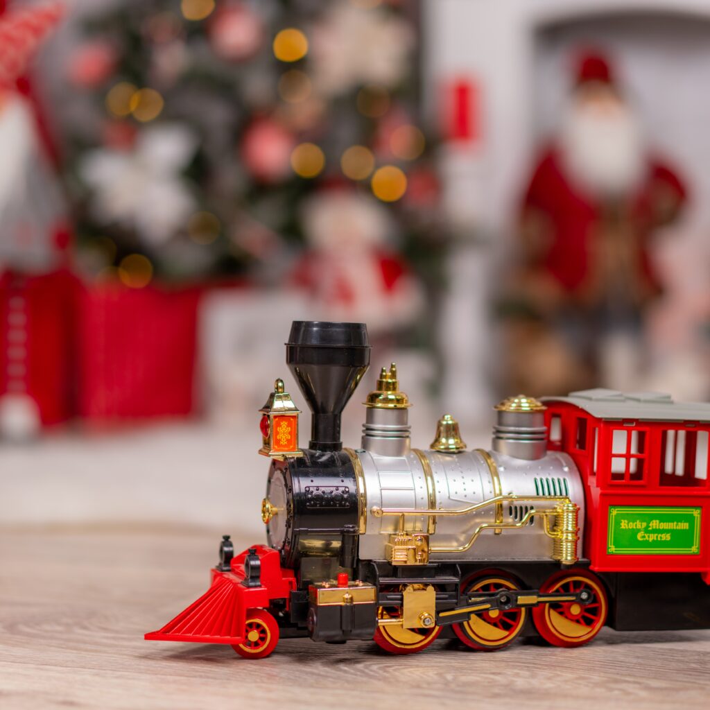 Child train toy during Christmas